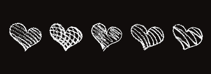 Poster - Set of white hearts signs drawn by wax pencil. Love symbols in doodle style. Collection of hand drawn kid hearts elements shaded with diagonal lines, checkered pattern. Vector illustration.