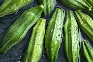 Poster - Fresh okra pods floating in a white water bowl, ready for use