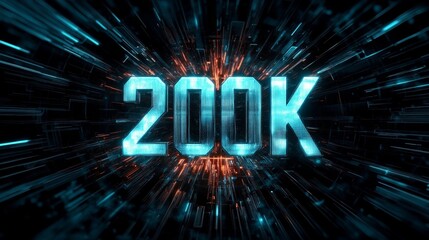 Poster - glowing number 200k, a milestone achievement in digital abstract technology background illustration.