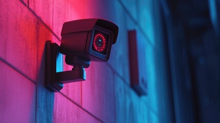 Poster - A camera mounted to the side of a building, capturing views outside