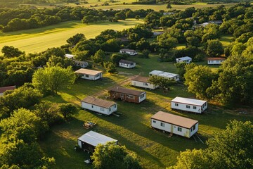Poster - An aerial view of a group of houses in a rural area, surrounded by green fields and possibly trees