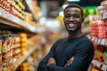 Poster - A man shopping, looking uninterested in the products on display
