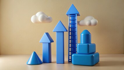 Poster - Ascending Ambition: An inspiring illustration of progress and growth, featuring stylized blue arrows pointing upwards amidst playful clouds, symbolizing ambition, development.