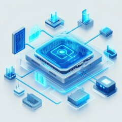 Fototapete - Advanced Network Technology: Digital Blueprint of Interconnected Devices with Glowing Blue Connections