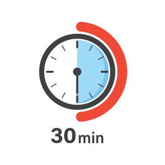 30 minutes on stopwatch icon in flat style. clock face timer vector illustration on isolated backgro