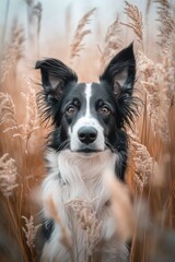 Poster - A black and white dog sits in tall grass, perfect for outdoor or nature-themed concepts