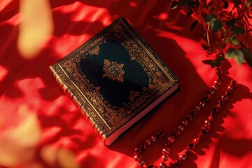Poster - A book sits atop a vibrant red cloth, perfect for adding a pop of color to your design