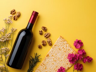 Poster - A bottle of wine sits next to a colorful arrangement of flowers on a decorative mat