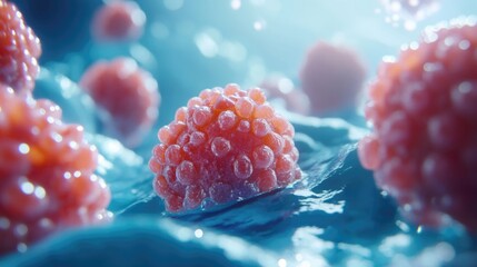 Poster - A close-up shot of fresh raspberries on a blue surface