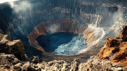 Aufkleber - A deep crater with a circular hole in its center, surrounded by rough terrain