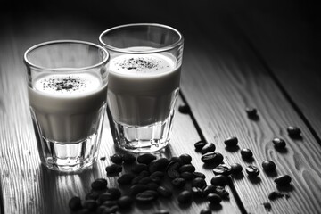 Poster - Two glasses of milk and coffee beans on a table, perfect for breakfast or snack