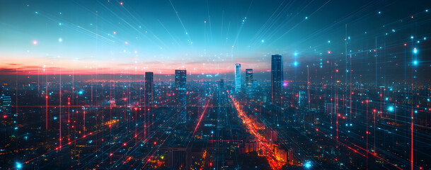 Poster - A wide shot of an urban cityscape at night, with red and blue glowing data connections