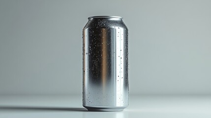 Poster - A shiny silver can rests upright on a smooth surface, covered in droplets of condensation. Soft light highlights its sleek design, suggesting a refreshing beverage inside.