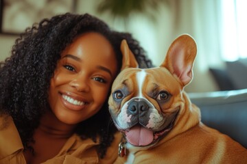 Poster - A woman sits on a couch with her dog by her side
