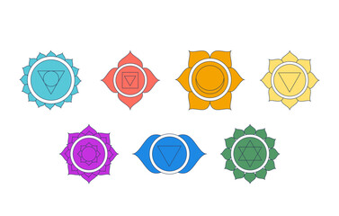 Poster - Seven chakra symbols 2D cartoon objects set. Spiritual sacred geometry. Holistic alternative healing energy centers isolated elements flat vector clip arts on white. Spot illustrations collection