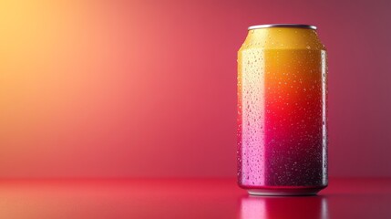 Poster - A beverage can displays a gradient of colors, reflecting light and moisture, resting on a smooth surface. The background glows with warm tones of orange and pink, suggesting a serene evening.
