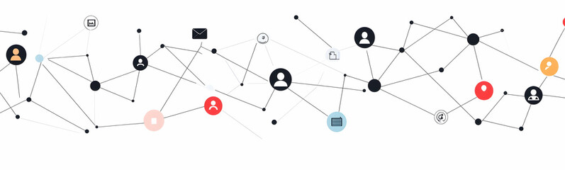 Poster - A white background with a network of black lines connecting various points, representing the concept of interconnectedness in digital marketing and social media presence