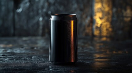 Poster - A black beverage can stands upright on a textured surface, illuminated by soft lighting that highlights its sleek design. The dimly lit environment adds depth and intrigue.