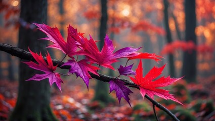 Wall Mural - brightly colored maple leaves contrast with the autumn forest background showcasing vibrant reds and