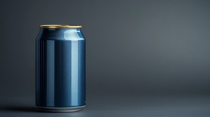 Aufkleber - A blue metallic can stands upright on a dark surface. Soft lighting highlights the sleek design and reflections on its surface, emphasizing its modern aesthetic.