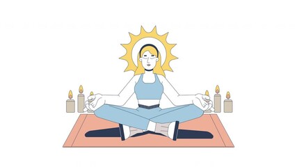 Poster - Meditation with candlelight for inner peace cartoon animation. Enlightenment. Meditating woman lotus pose cross-legged candles animated flat 2D character 4K video isolated on white, scene storytelling