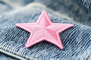 Poster - A pink star patch is sewn onto a pair of jeans, perfect for adding a touch of whimsy to your outfit
