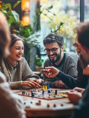 Poster - People gathered around a table playing a board game or card game