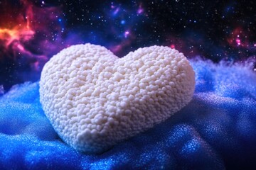 Poster - A colorful crocheted heart sits on a soft blue blanket, perfect for a cozy home decor or a thoughtful gift