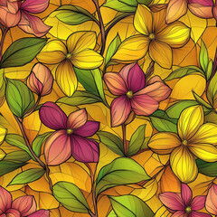 Wall Mural - Seamless pattern Vibrant floral pattern with colorful petals and green leaves on warm yellow background, Seamless pattern for textile and tile decoration