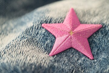 Poster - A pink starfish sits on top of a pair of jeans, unusual and quirky combination
