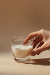 Poster - A person grasping a glass filled with milk, everyday scene