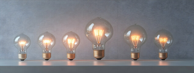 Poster - 5 light bulbs of different sizes, one bulb is lit up and the other four are off