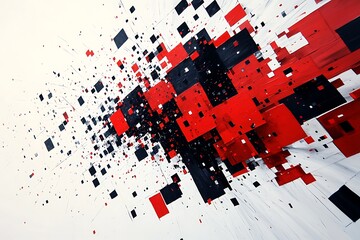 Fototapete - an abstract composition featuring a dynamic arrangement of red and black squares on a white background