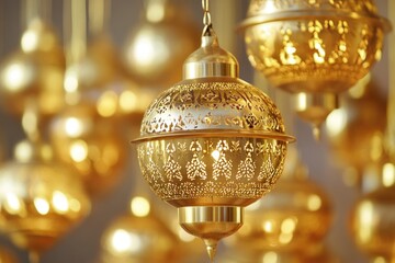 Poster - A bunch of gold ornaments hang from the ceiling, creating a beautiful and luxurious atmosphere
