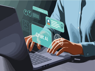 Aufkleber - using laptop, interacting with AI chatbot. Futuristic technology, artificial intelligence, digital communication, smart assistant,                