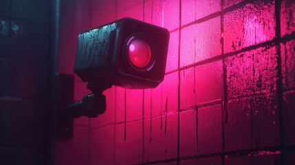 Poster - A red traffic light on a brick wall, often used as a background or for urban themed photos
