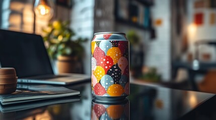 Poster - A vibrant can with polka dot design is placed on a sleek desk near a laptop and decorative plants, showcasing a cozy indoor atmosphere during twilight.