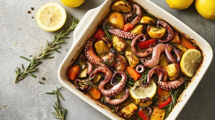 Poster - Fresh seafood dish featuring octopus, vegetables, and herbs served with citrus