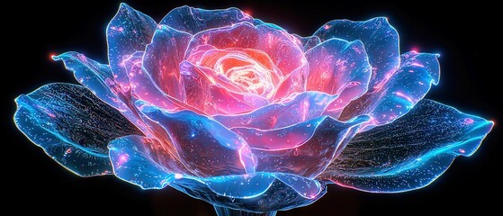 Poster - Electric Cyan Rose Glow, a neon rose illuminated in pink and blue hues, features intricately detailed petals with a cyan aura, set against a dark backdrop with swirling light trails.