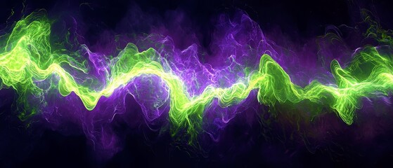 Poster - Neon Oscillation, A vibrant display of wavy green and purple light beams undulating against a grainy black backdrop, creating a pulsating, rhythmic burst of energy.
