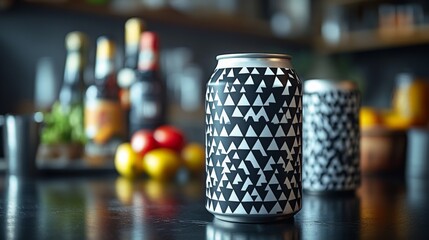 Poster - A stylish beverage can features a black and white geometric pattern, set against a dark table. Assorted colorful fruits and drinks create a vibrant atmosphere.