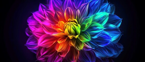 Poster - Neon Mandala Dahlia, a vibrant flower displaying a stunning spectrum of neon colors, swirling petals create an intricate pattern, radiating beauty in a dark background.