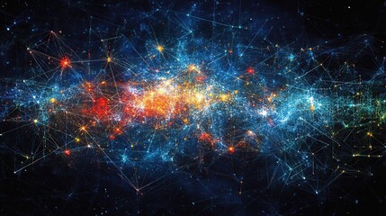 Fototapete - Abstract cosmic network, vibrant colors and interconnected points
