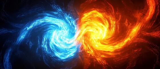 Poster - Electric Helix Burst, vibrant blue and orange rays spiral from a radiant center, intertwining in dynamic motion against a textured black background, creating a mesmerizing visual effect.