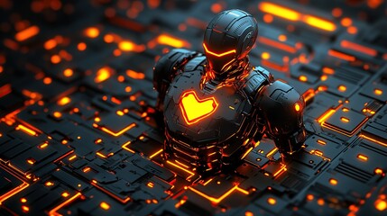 Poster - Futuristic robot with glowing heart, intricate circuit board