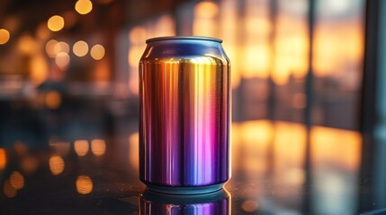 Poster - A vibrant beverage can displays a gradient of colors, resting on a glossy surface. The warm hues of the sunset enhance the scene while creating a soft bokeh effect.