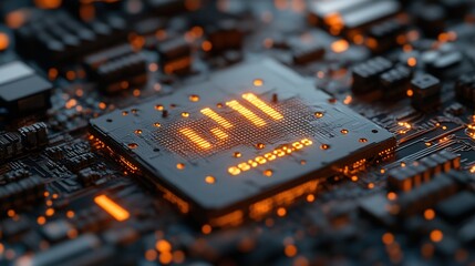 Poster - Close-up of a glowing processor chip on a circuit board