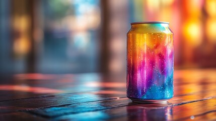 Leinwandbilder - A bright and colorful beverage can stands on a wooden table, reflecting various hues from the surrounding lights during the daytime, creating an artistic atmosphere.