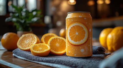 Poster - A vibrant can of orange drink sits on a textured towel alongside fresh orange halves and whole oranges. The setting is warm and inviting, perfect for enjoying a refreshing sip.