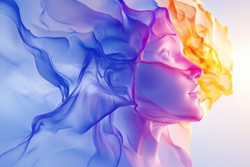 Poster - Ethereal portrait of a woman emerging from colorful wisps of fabric during a vibrant sunrise